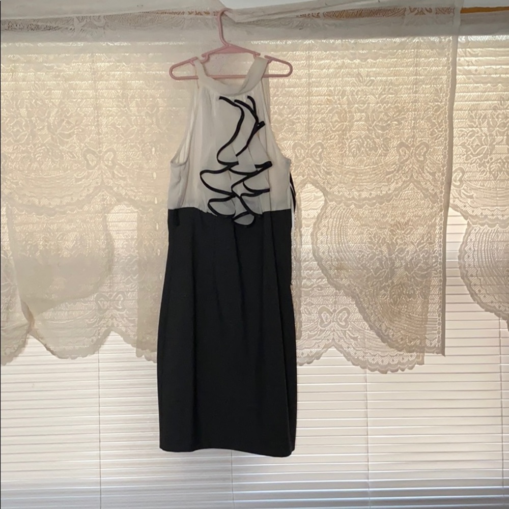 A black, white, and gray dress
